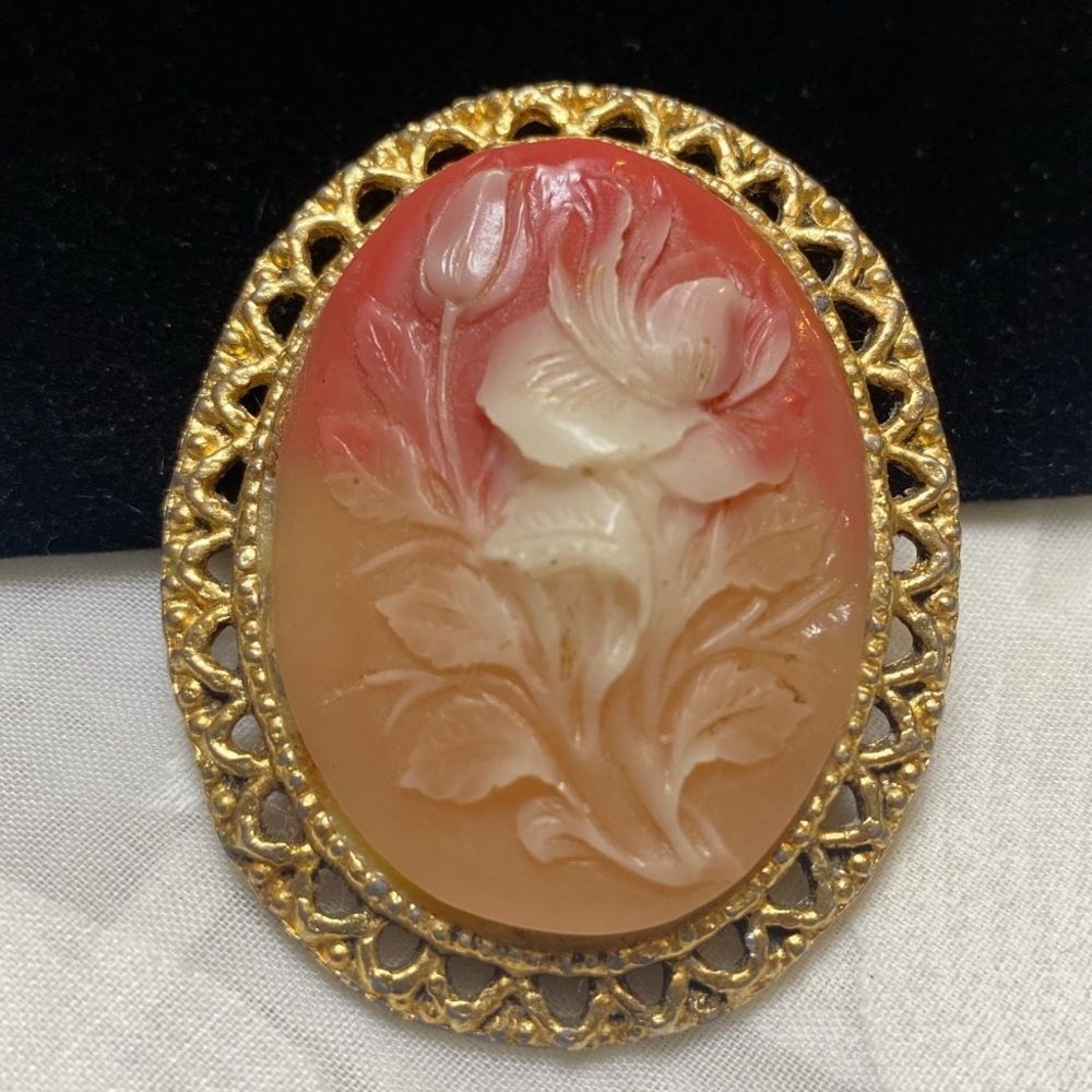 Vintage Carved Celluloid Flower Cameo Brooch